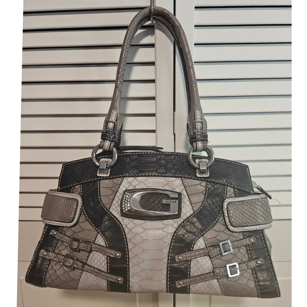 Guess Snakeskin Embossed Satchel Handbag Grey Rhinestone G Logo Y2K Bag